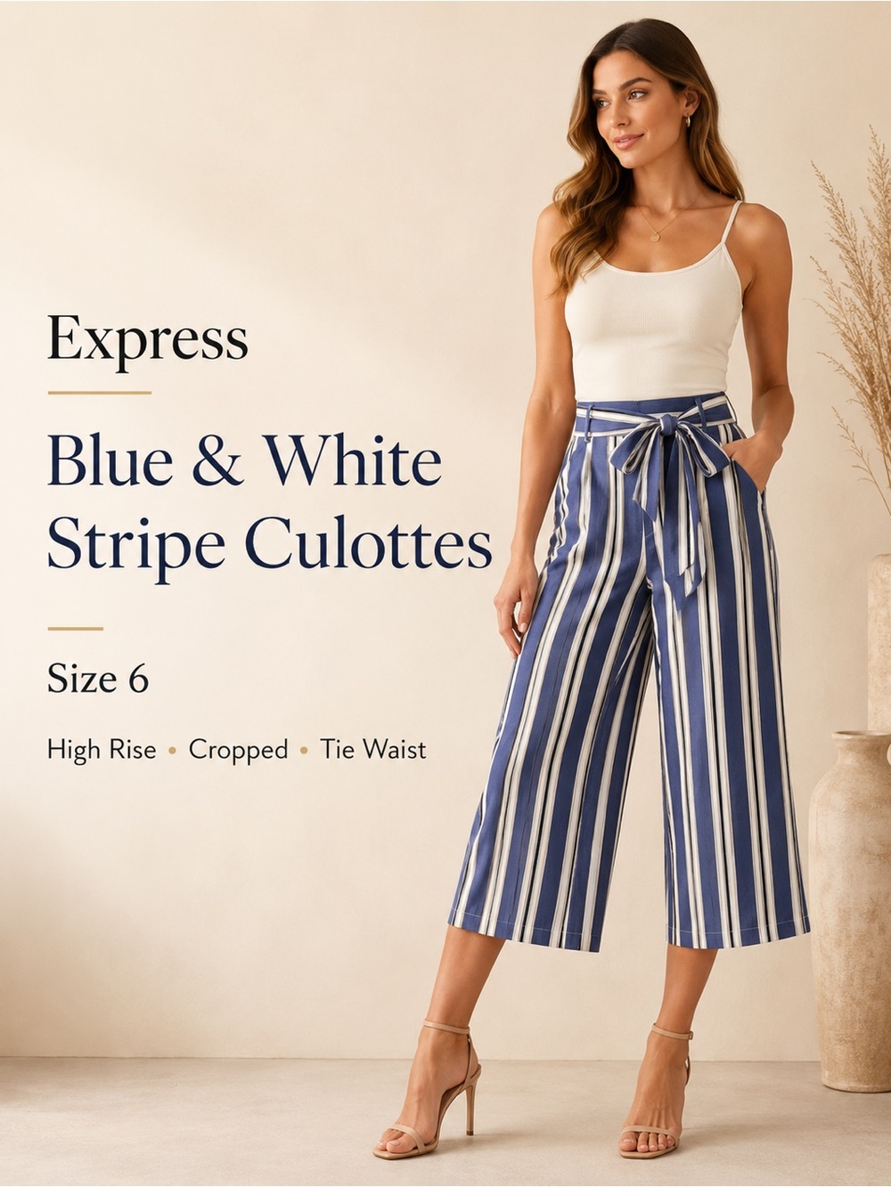 Express High Rise Cropped‎ Culottes Blue & White Vertical Striped Womens Pants 6